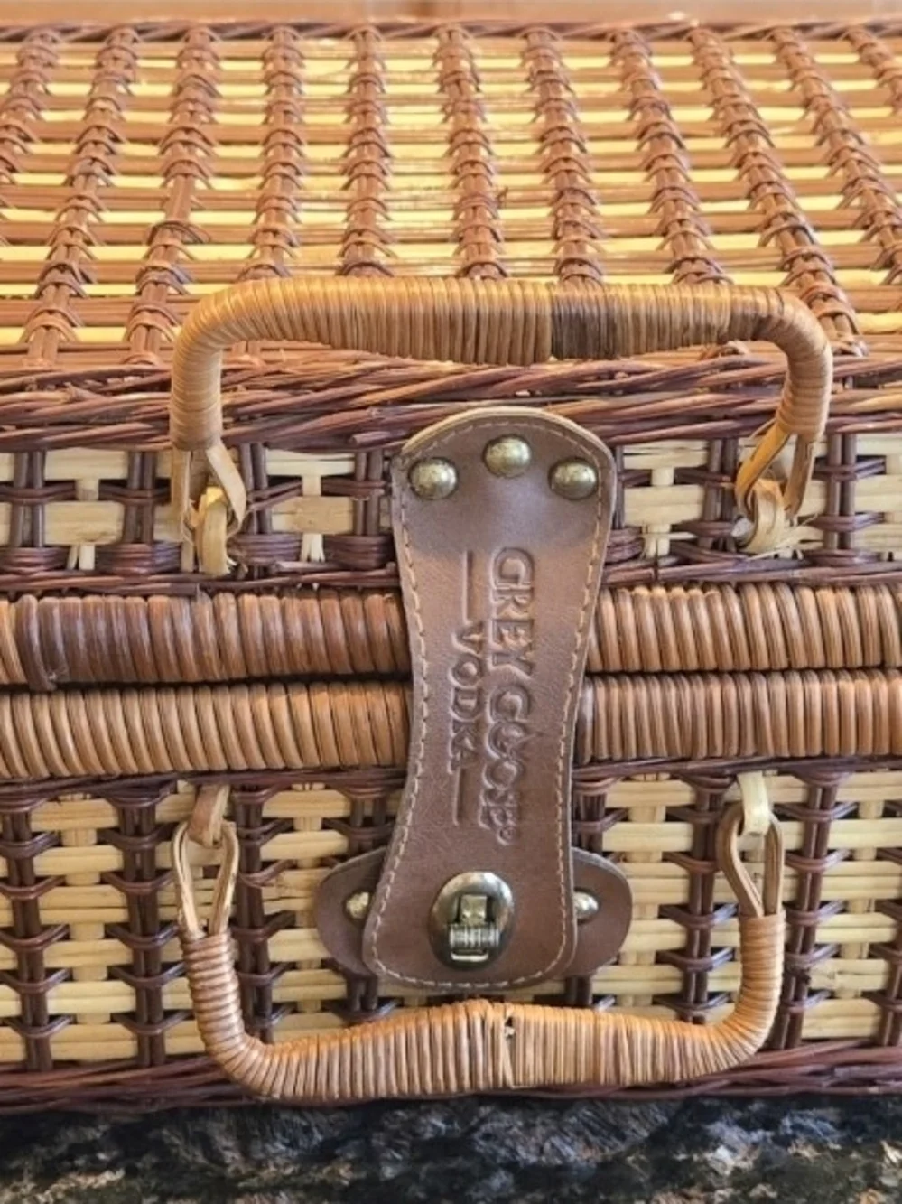 Vtg Grey Goose Wicker Picnic Basket Set with Shaker Glass and 2 Martini Glasses